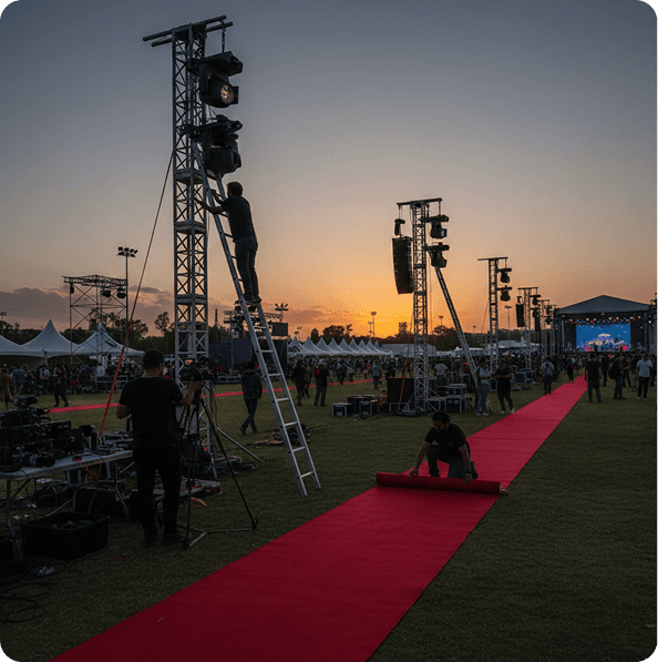 Event venue with structures at sunset